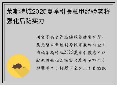 莱斯特城2025夏季引援意甲经验老将强化后防实力