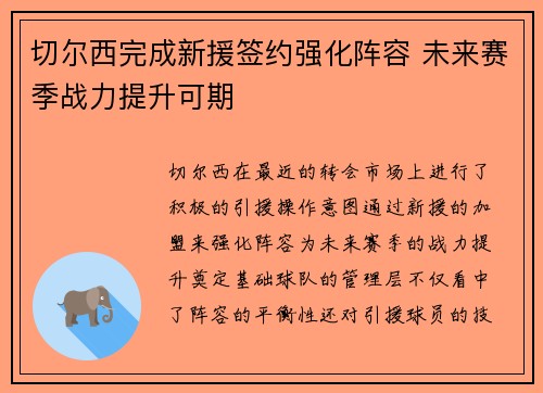 切尔西完成新援签约强化阵容 未来赛季战力提升可期 切尔西完成新援签约强化阵容 未来赛季战力提升可期